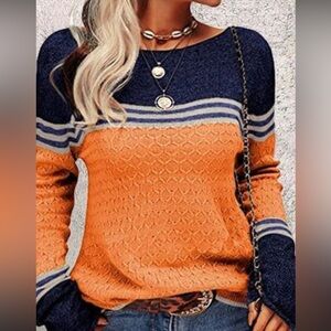 Amazon Essentials small orange,navy, and gray sweater